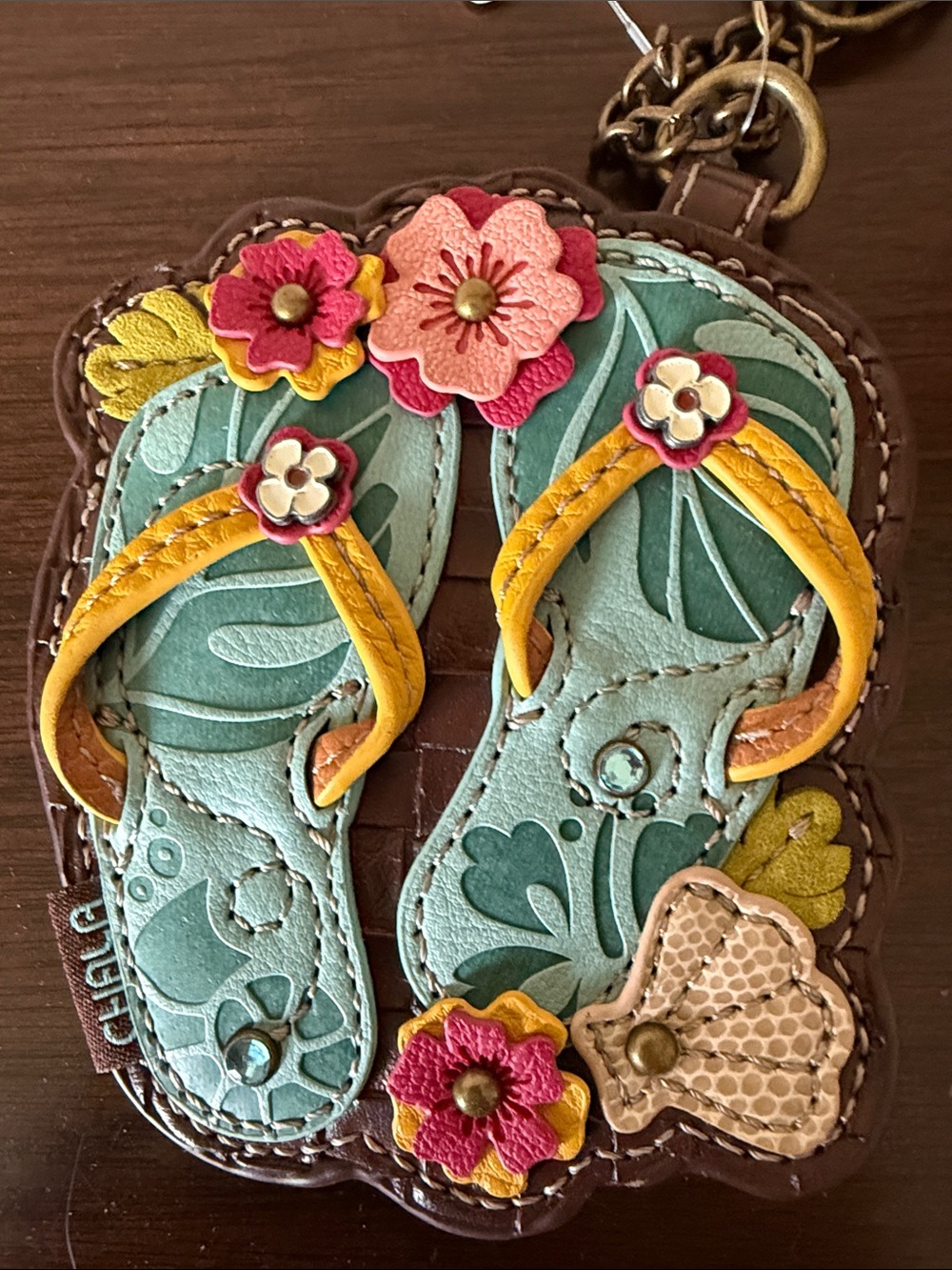 NWT Chala Teal Flip-Flop Coin Purse Keychain with Yellow Straps and Pink Flowers - Picture 3 of 3